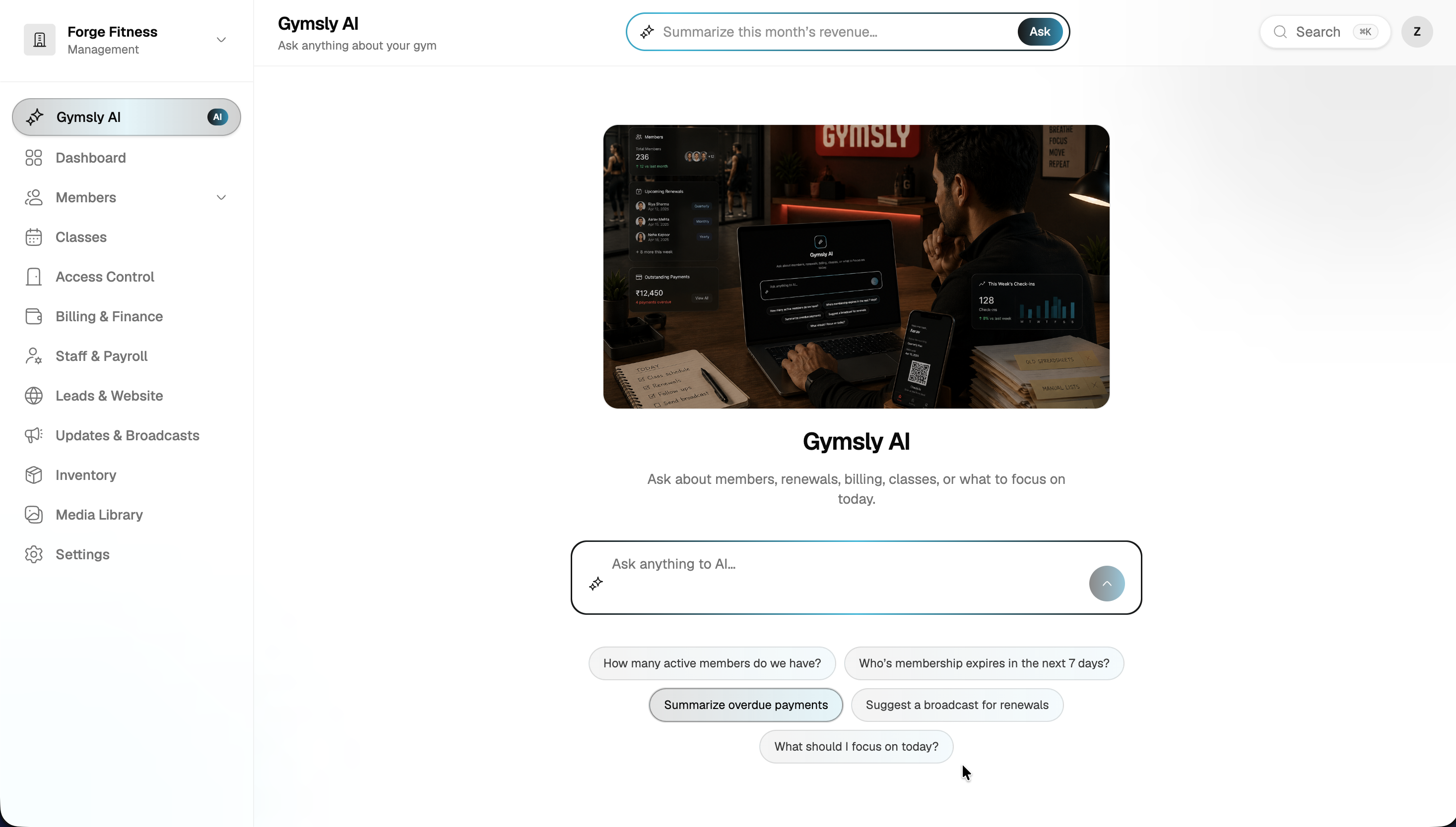 Gymsly AI mit Fragen zu Mitgliedern, Verlängerungen, offenen Zahlungen und dem Fokus des Tages